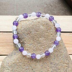 Amethyst Rose Quartz Clear Quartz Gemstone Bracelet Purple Pink | Handmade
